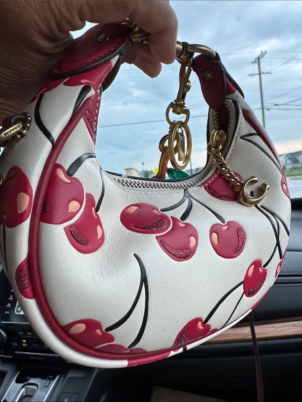 Coach White & Red Cherry Print Mini Shoulder Bag with Cherry Charm
